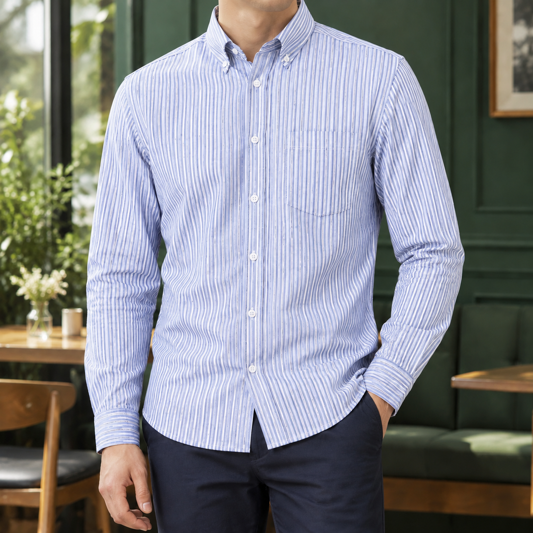 Burnaby Button Down Shirt - White Blue Pinstripe