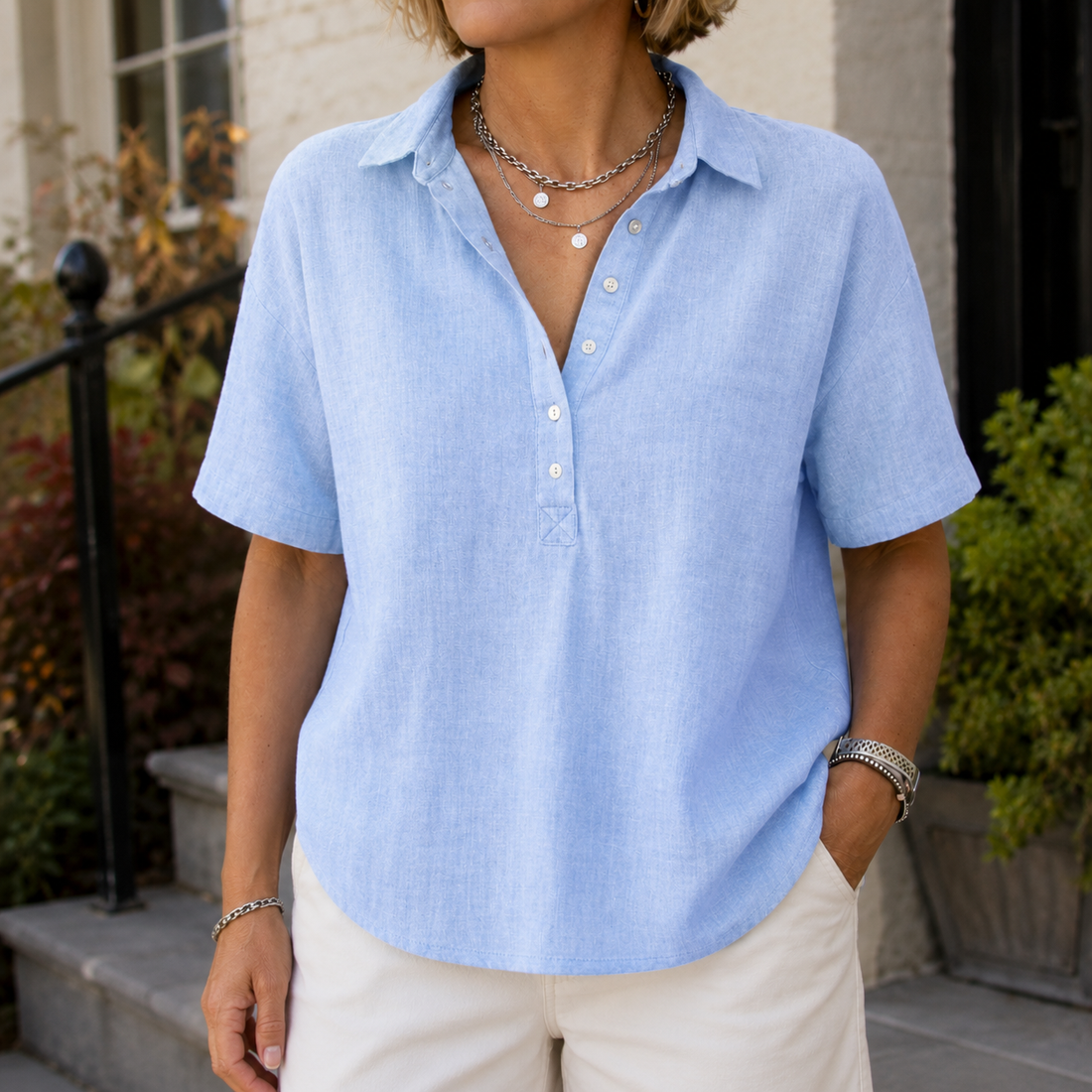 Anais-Pearl Relaxed Blouse - Light Blue