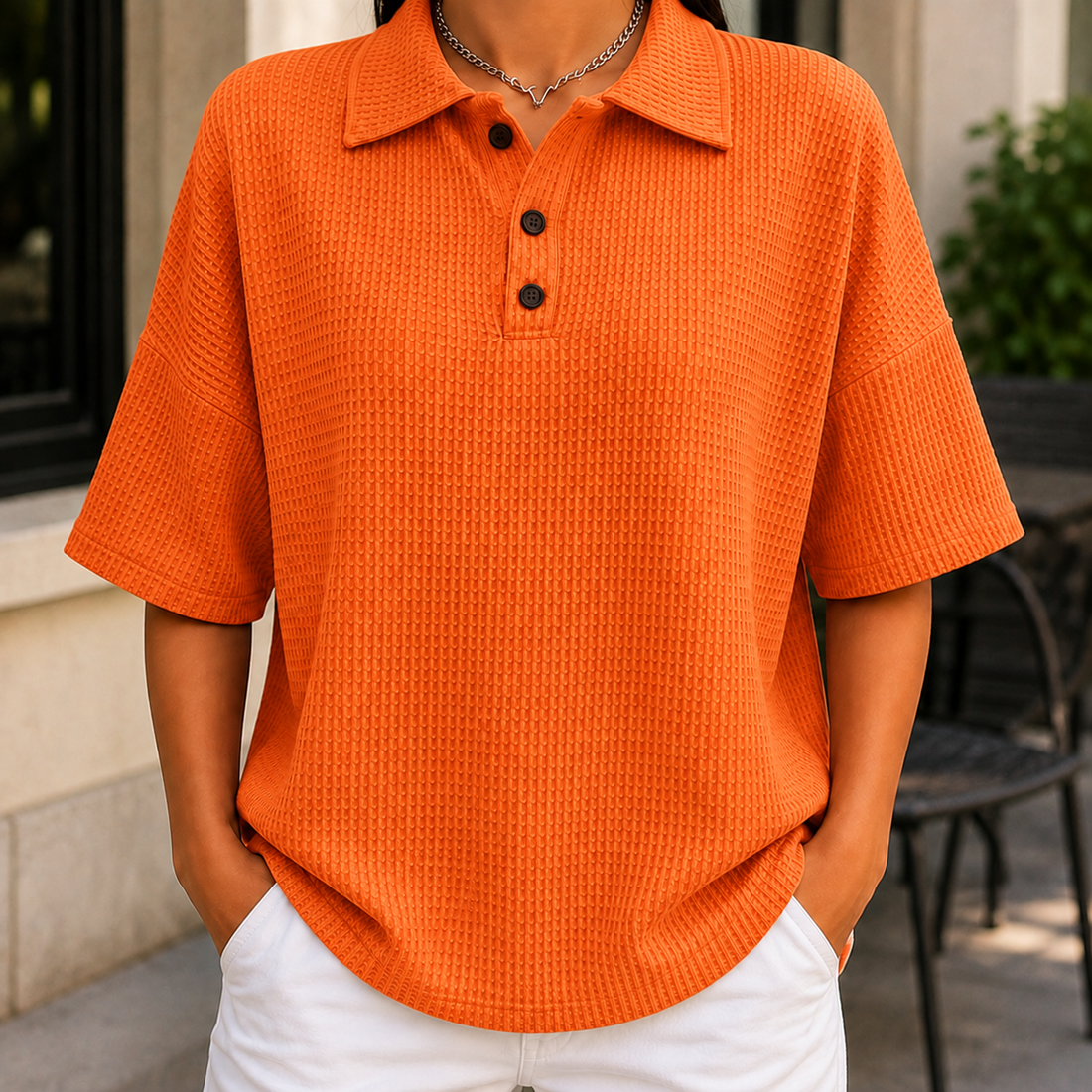 Isabeau Waffle Polo - Orange