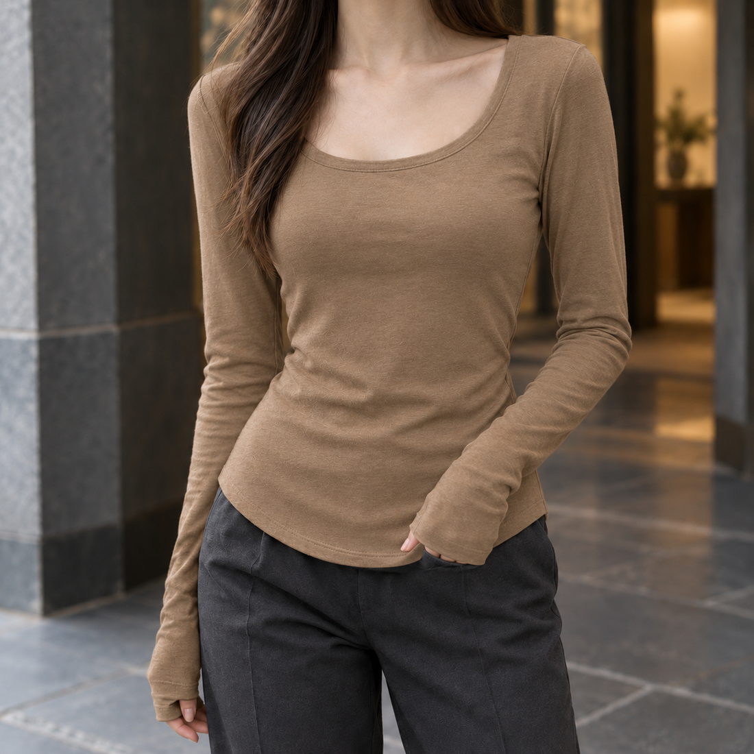 Roseline-Marie Scoop Neck Top - Khaki