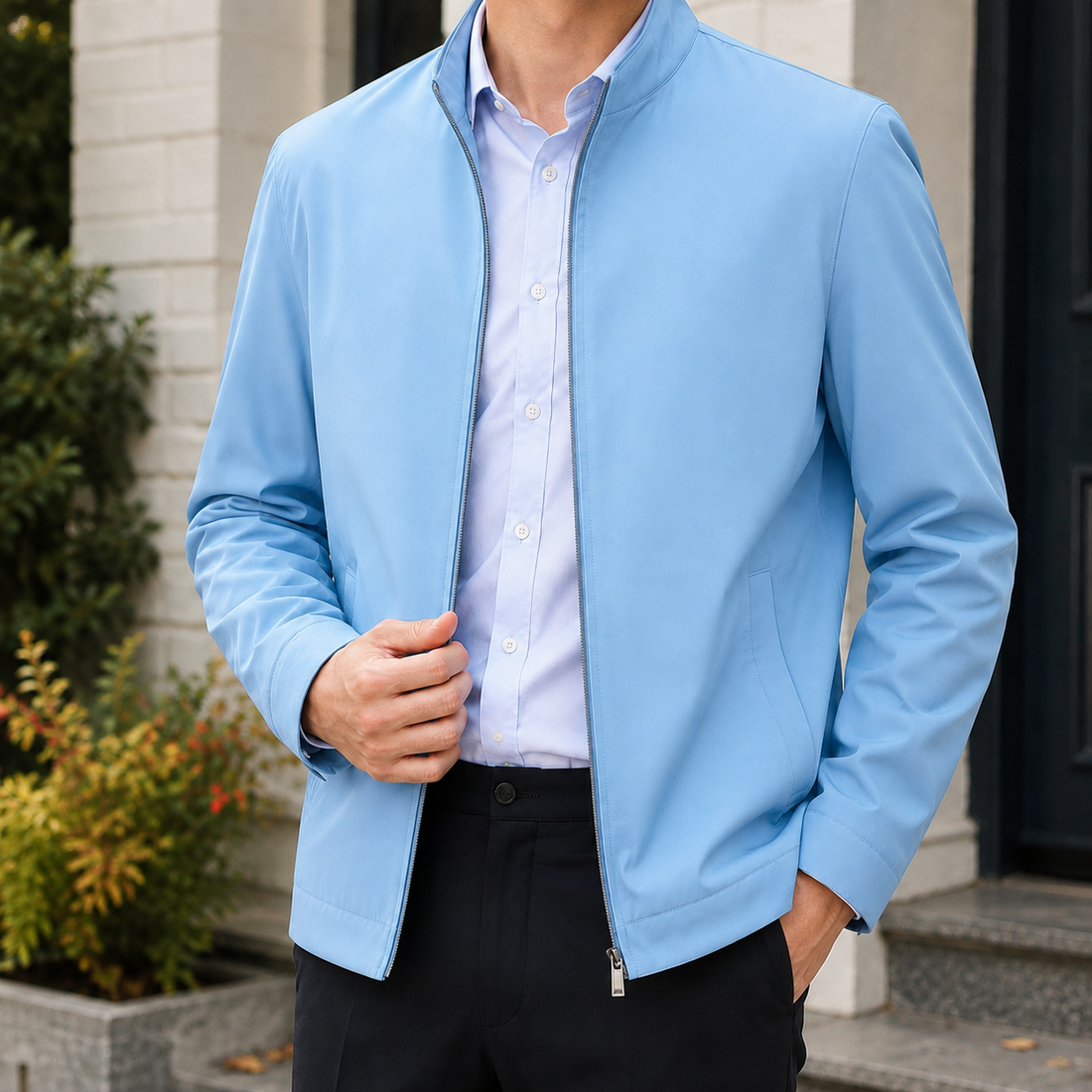 Aldous Silk Jacket - Light Blue Stand Collar