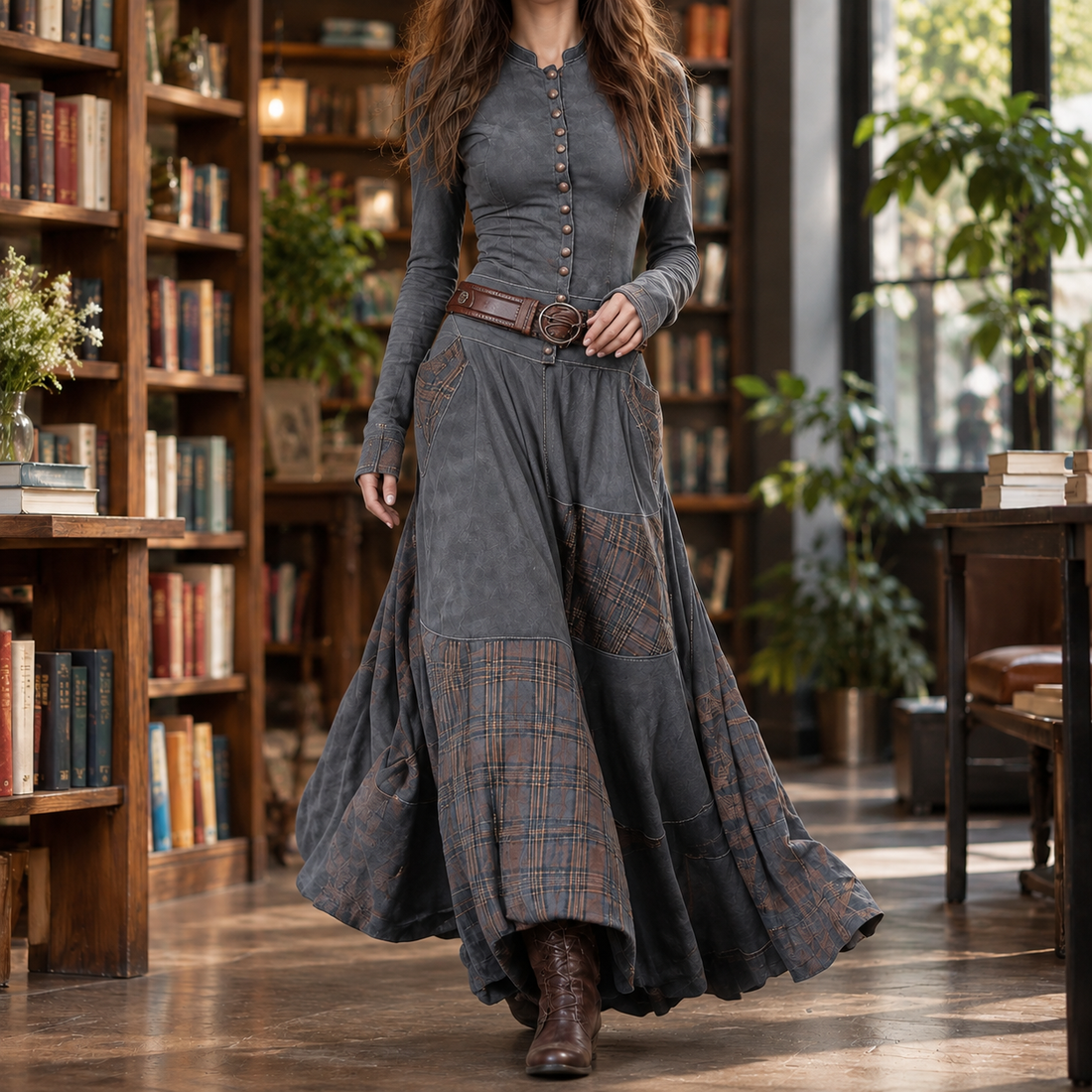 Celine-Rose Belted Maxi Dress - Gray