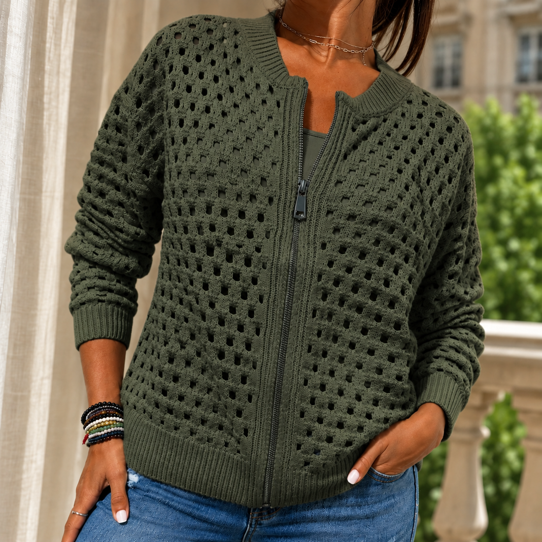 Lydia Open-Knit Sweater - Green