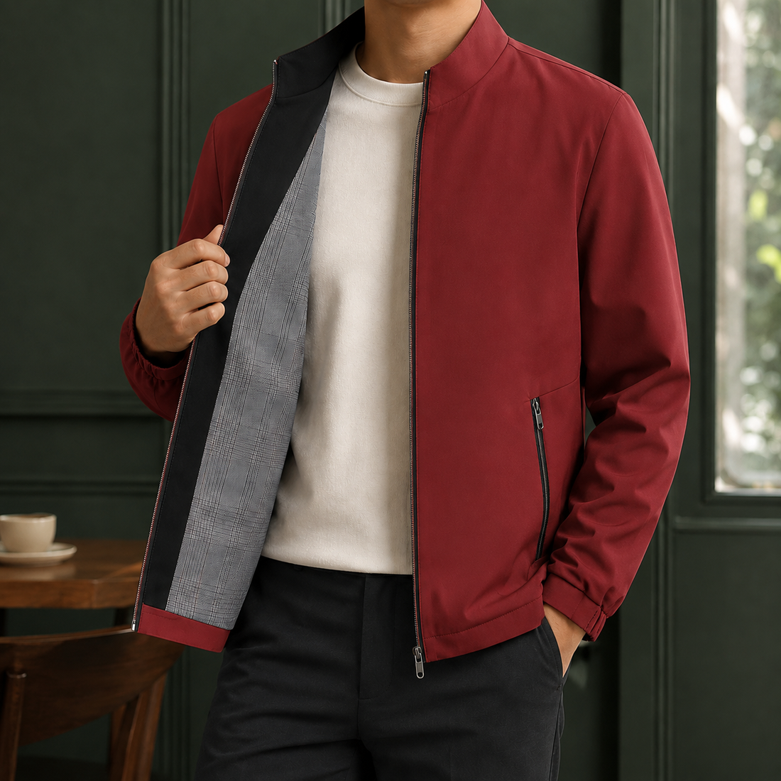 Theodric Stand Collar Jacket - Three Pockets Red