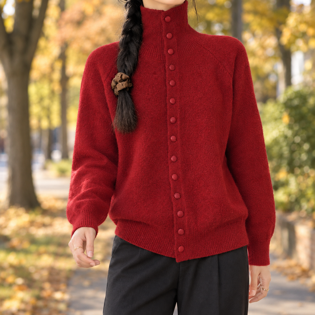 Sarah-Belle High Collar Cardigan - Red