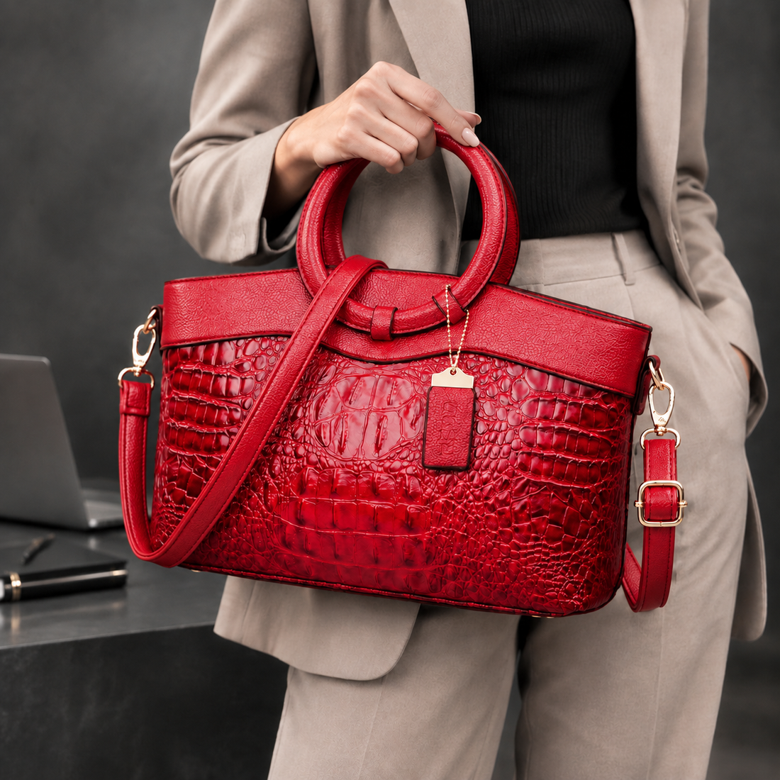 Venturi Croc Embossed Handbag - Red