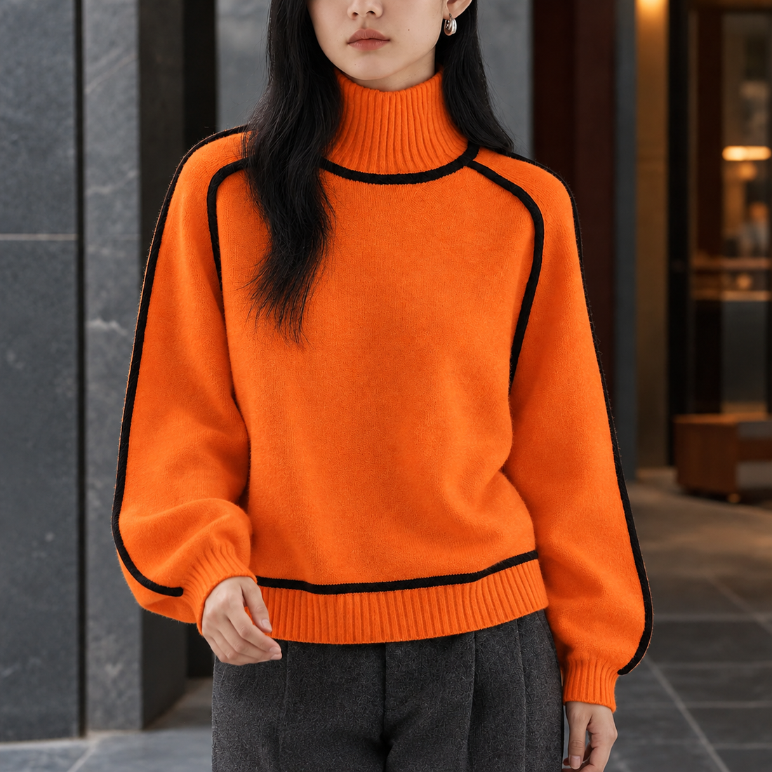 Bethany-Louise Contrast Turtleneck Sweater - Orange