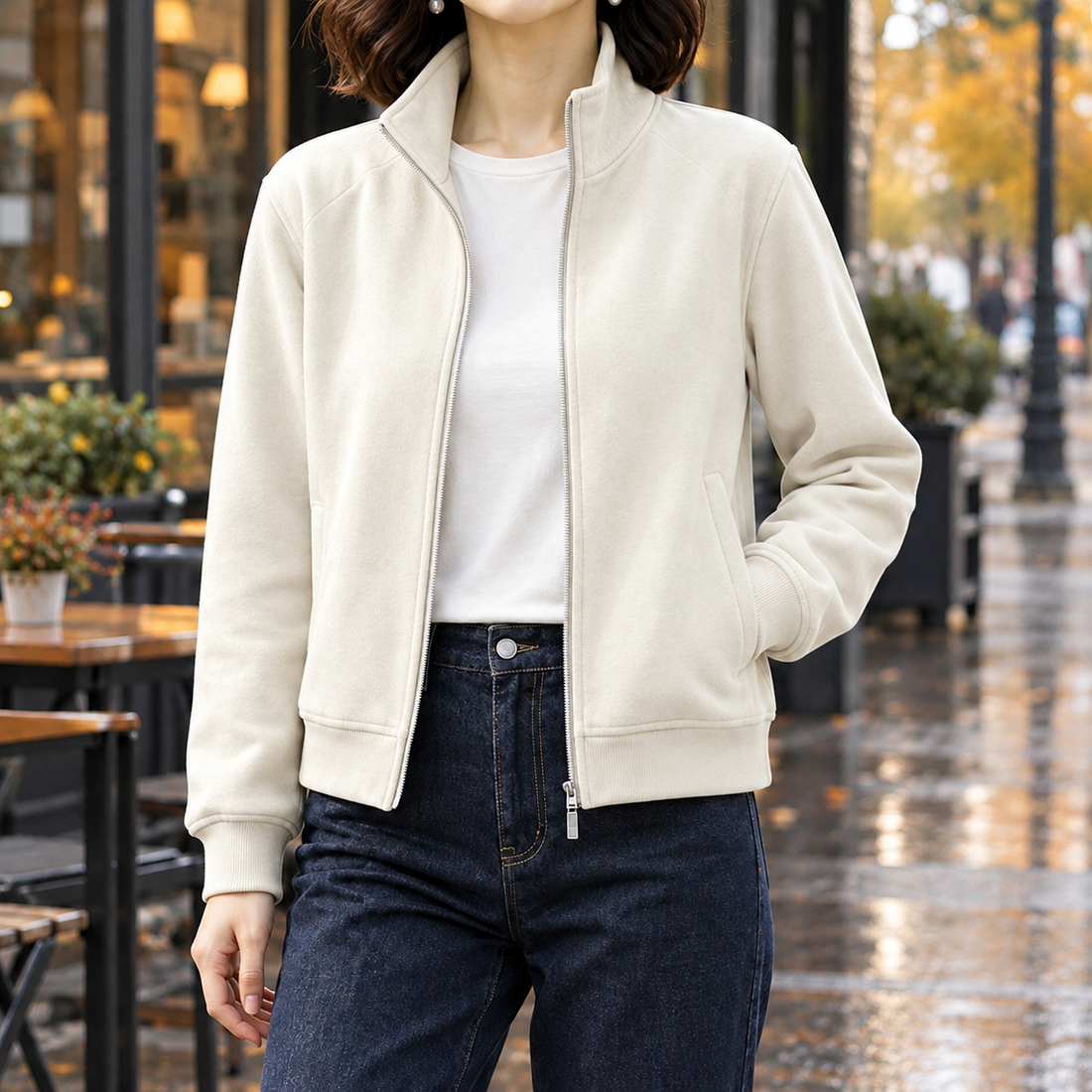 Theodora-Skye Stand Collar Jacket - Oatmeal White