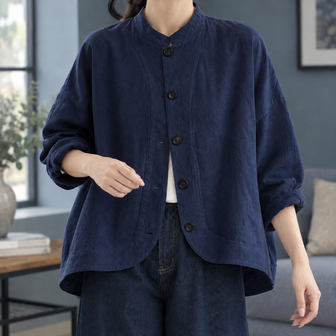 Stella-Marie Stand Collar Jacket - Navy Blue