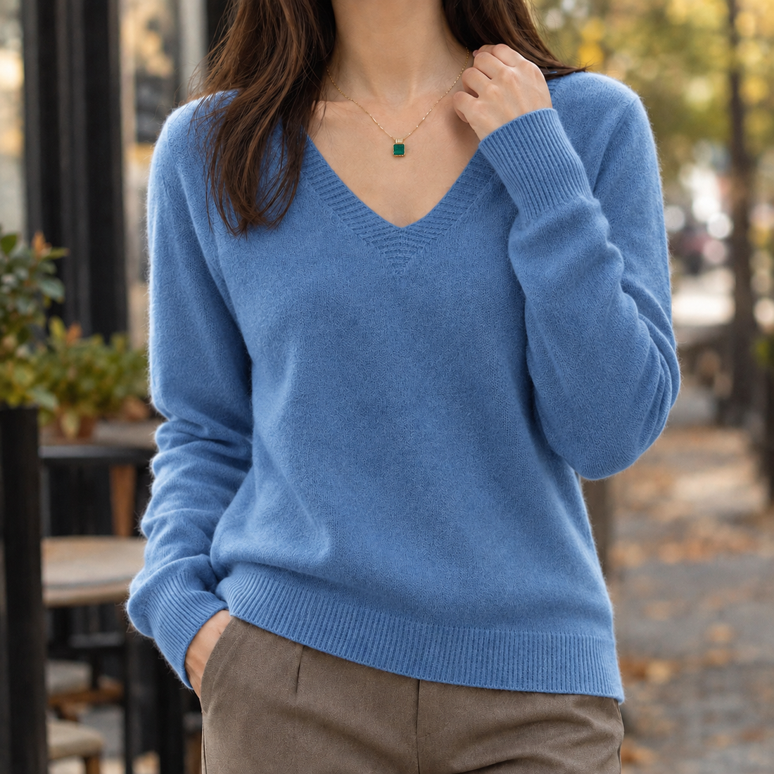 Tara-Jade V Neck Sweater - Haze Blue