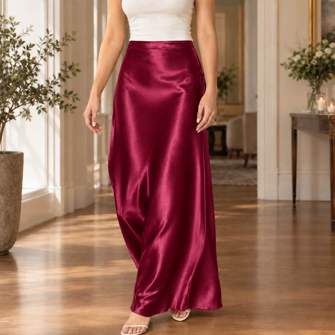 Erin-Belle Satin Maxi Skirt - Red