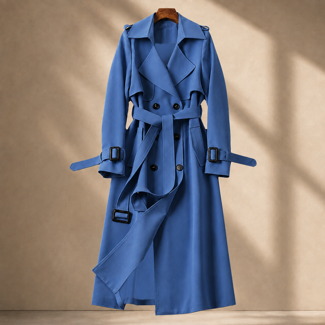 Camille-Pearl Belted Overcoat - Blue