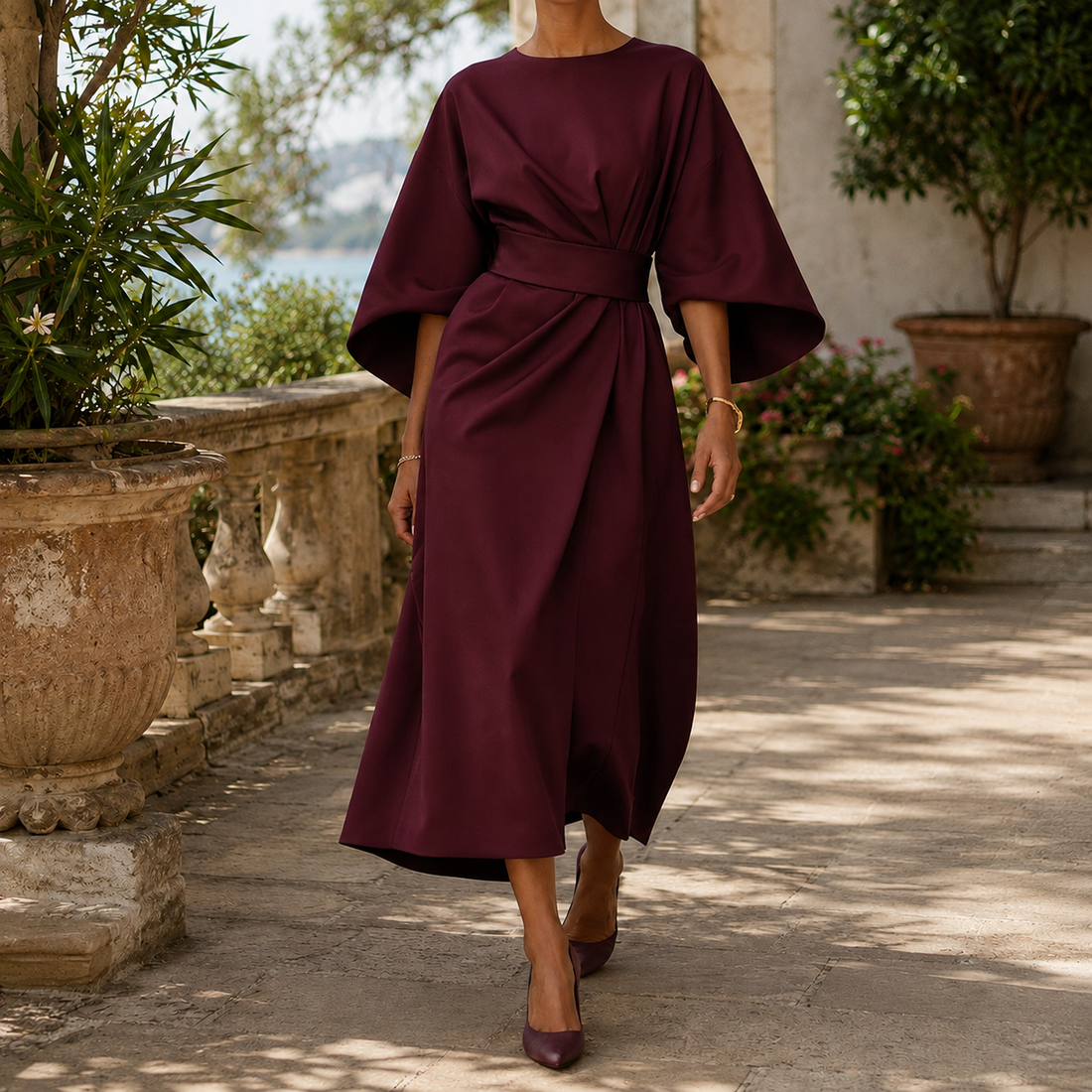 Astrid-Hope Belted Midi Dress - Burgundy
