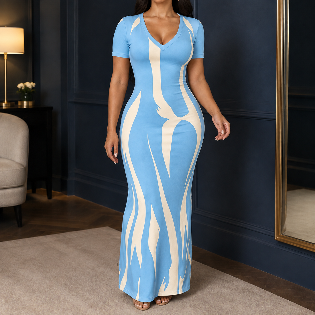 Audrina Abstract Maxi Dress - Sky Blue