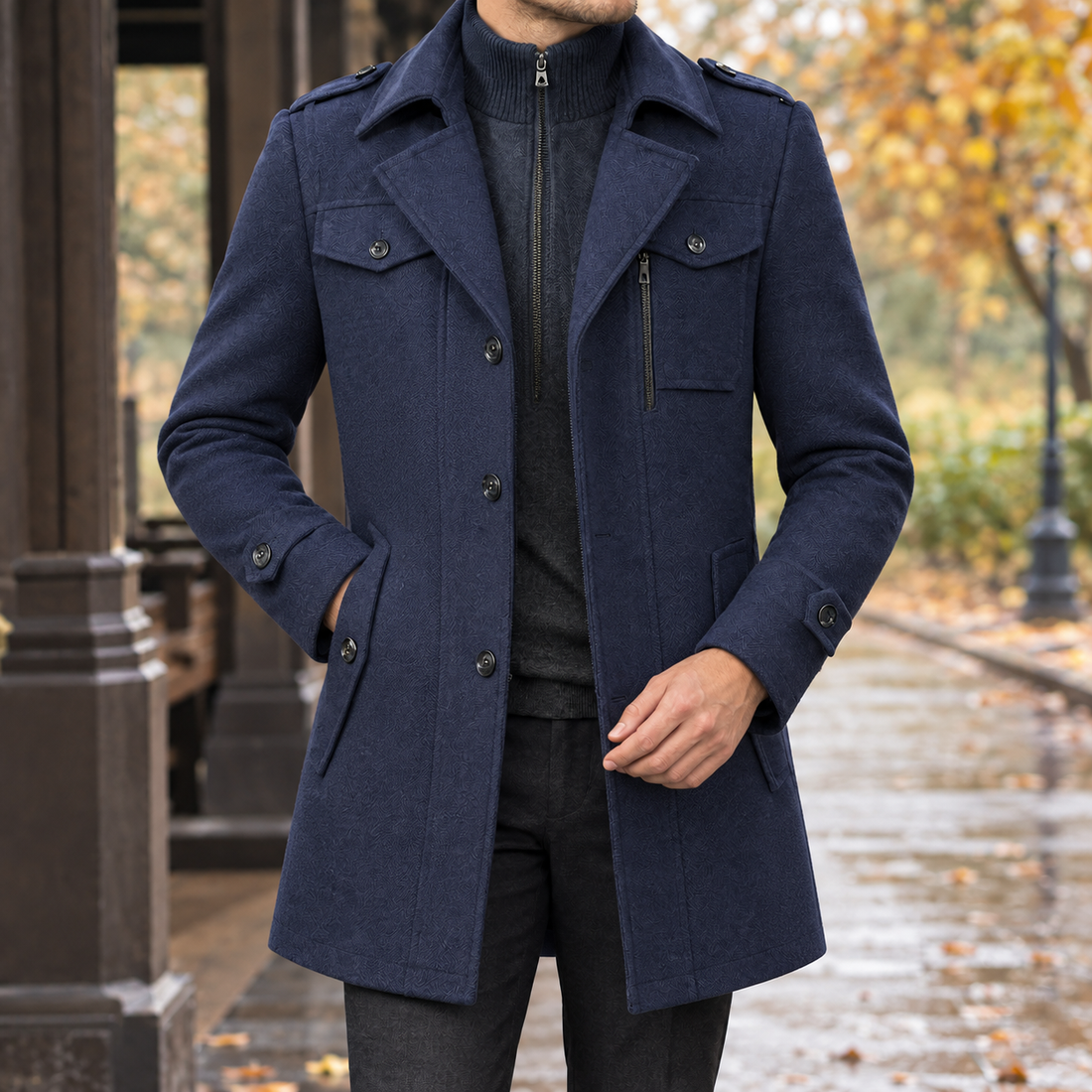 Macaire-Jude Double Collar Coat - Navy Blue