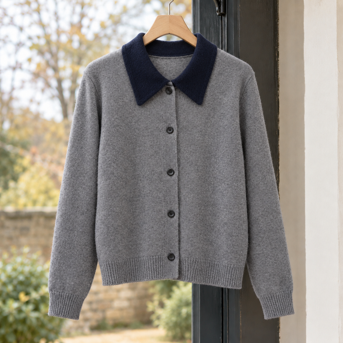 Elle-Kate Contrast Collar Cardigan - Gray