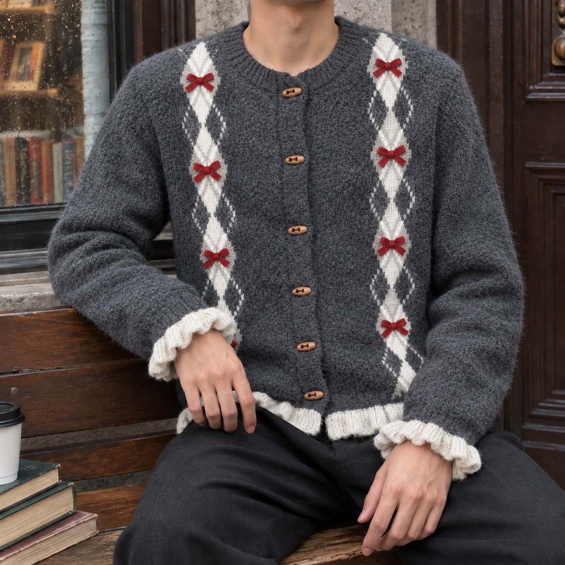 Jasper-Stone Bow Cardigan - Gray