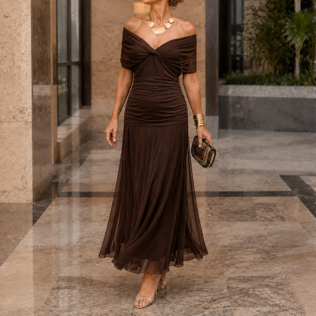 Serena-Pearl Draped Maxi Dress - Brown