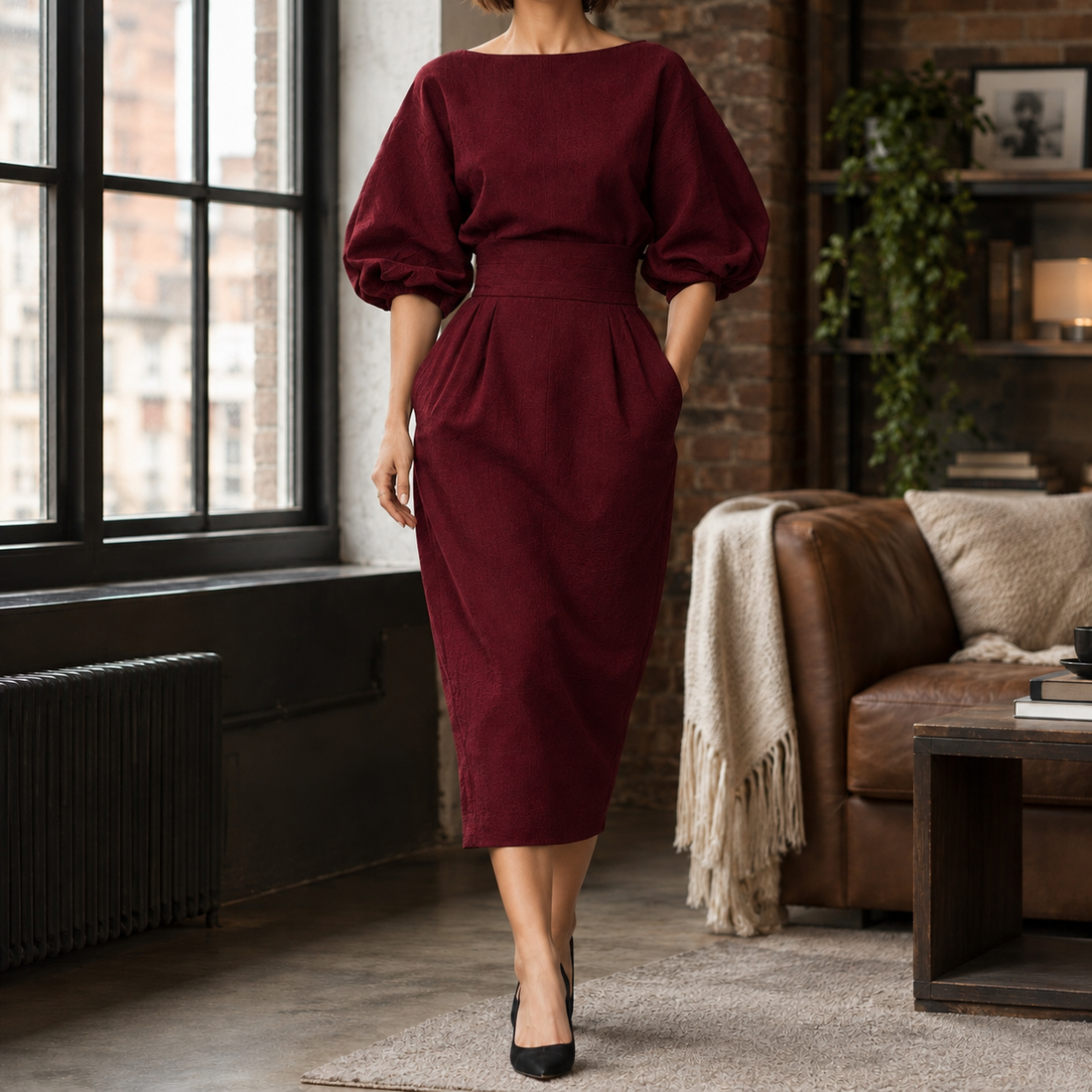 Stacey-Claire Pleated Midi Dress - Wine Red