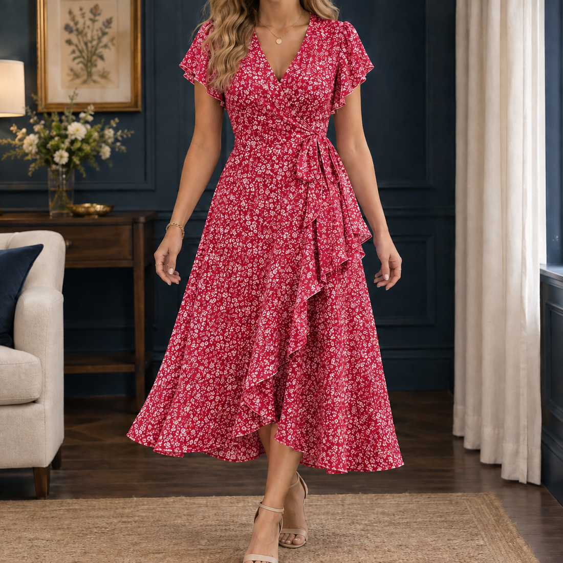 Idalia-Louise Ruffle Wrap Dress - Red