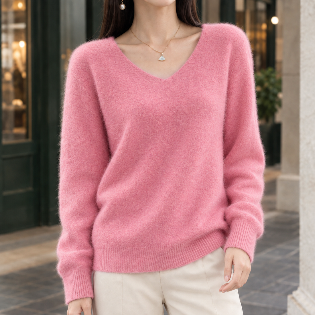 Imogen-Mae V Neck Wool Sweater - V-neck Shrimp Pink