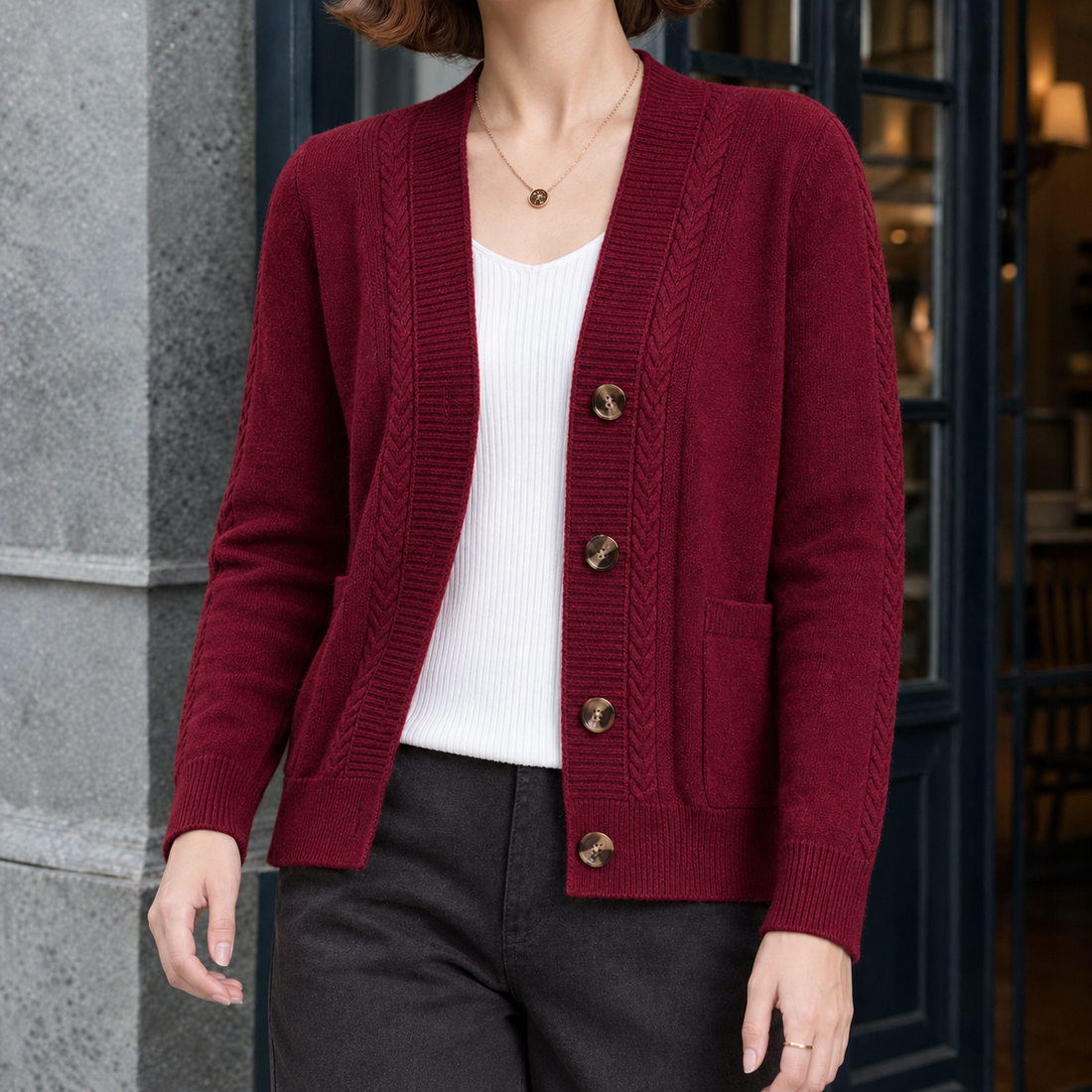 Leontine-Claire Cable Knit Cardigan - Wine Red