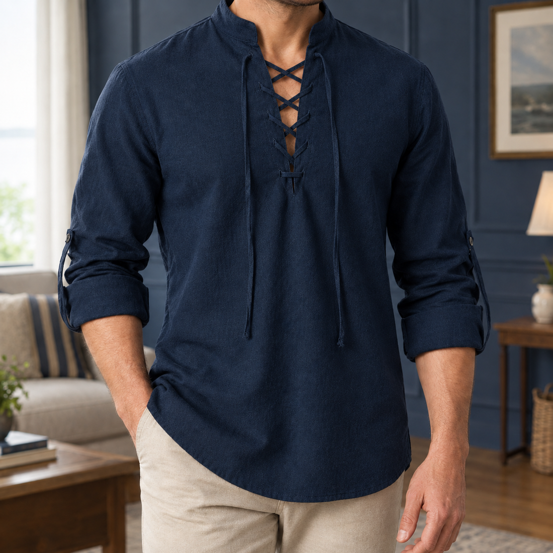 Graham-Wade Lace-Up Shirt - Navy Blue