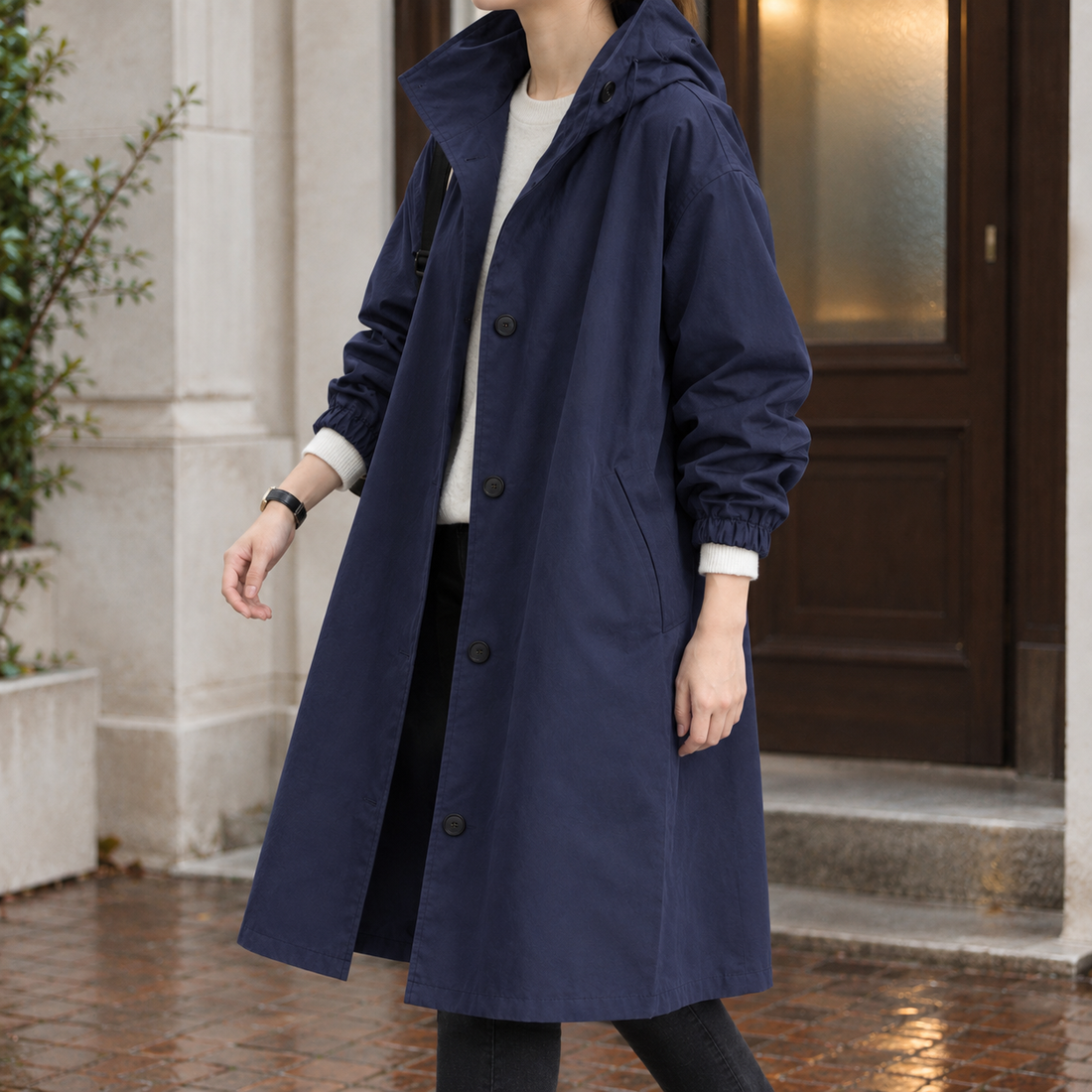 Sienna-Rose Hooded Overcoat - Navy Blue