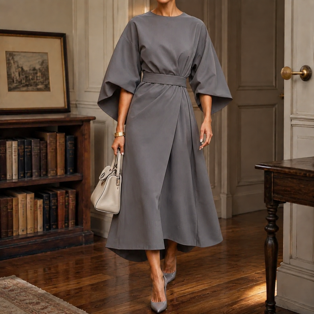 April-Kate Belted Cape Dress - Gray