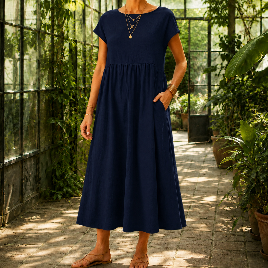 Estella Gathered Midi Dress - Navy Blue