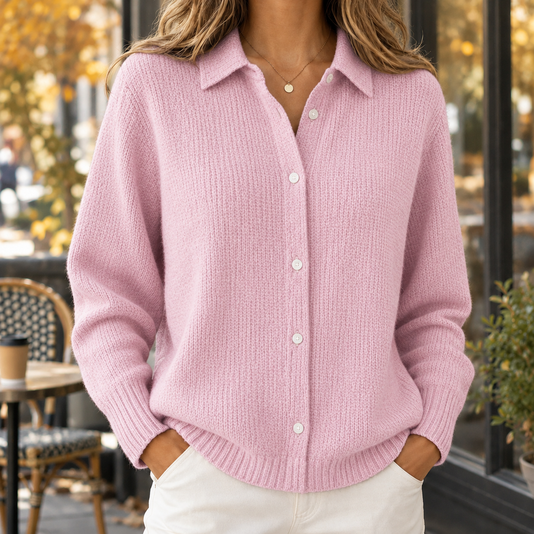 Gillian-Claire Collared Knit Cardigan - Light Pink