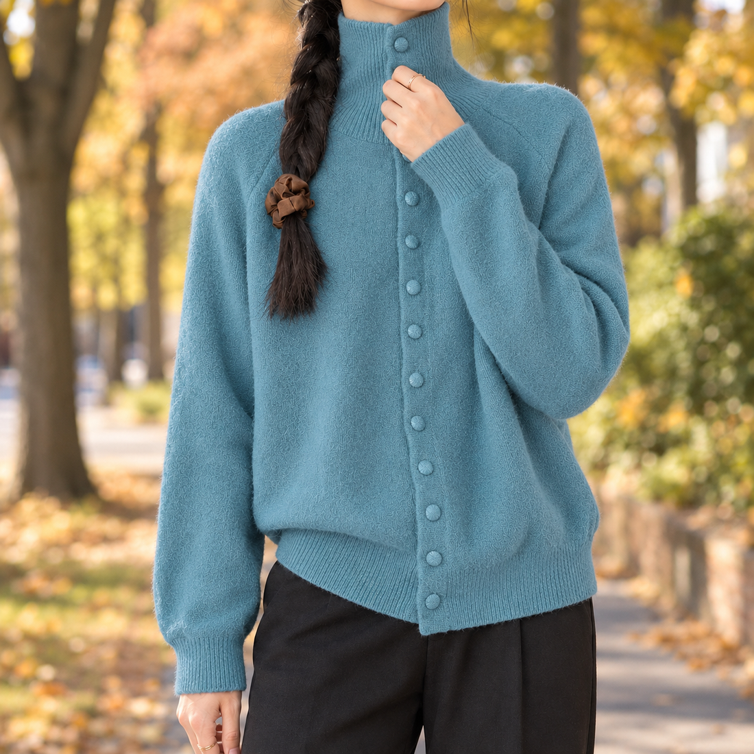 Sarah-Belle High Collar Cardigan - Lake Blue