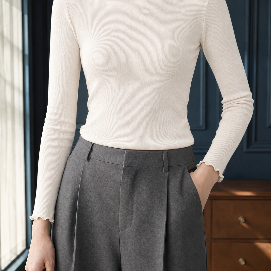 Rowena-Hope Ruffle Neck Sweater - Off-white