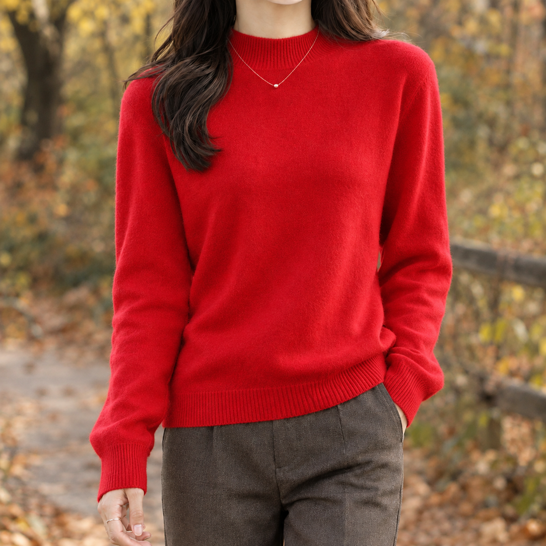 Rosalie-Pearl Mock Neck Sweater - Red