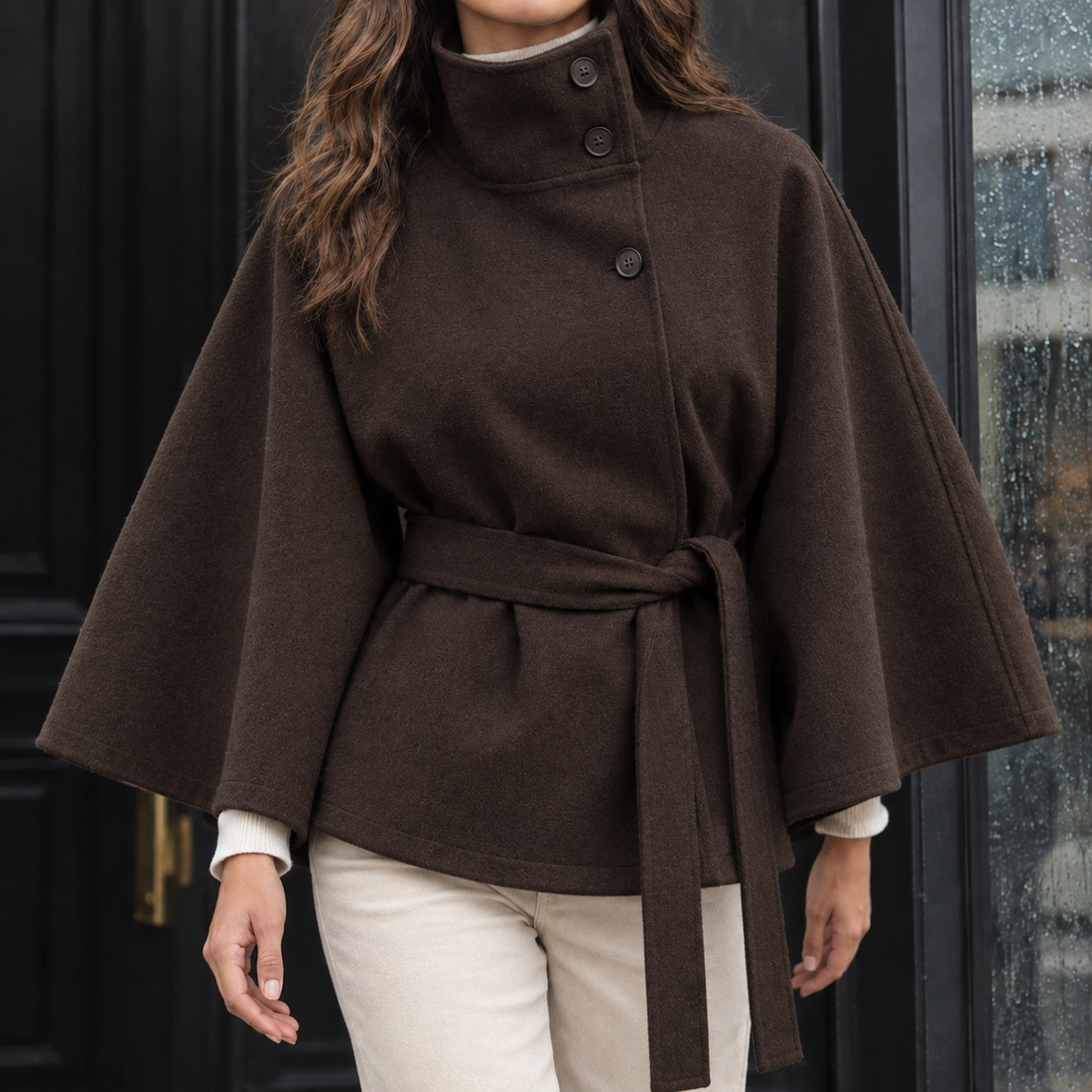Teresa-Sage Belted Cape Jacket - Brown