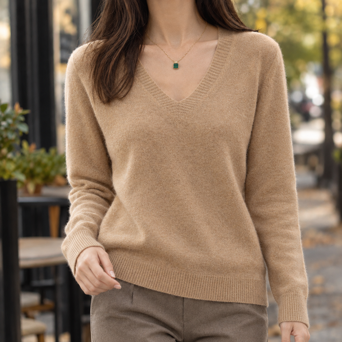 Tara-Jade V Neck Sweater - Golden Camel