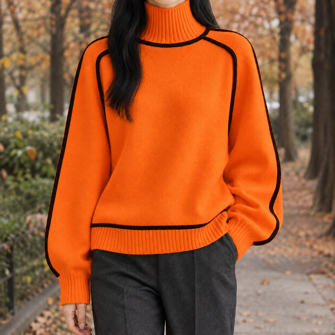 Maeve-Hope Contrast Trim Sweater - Orange