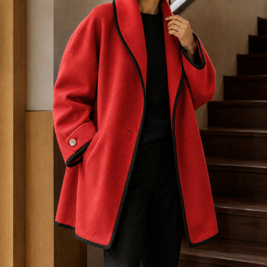 Violetta-Belle Contrast-Trim Coat - Red