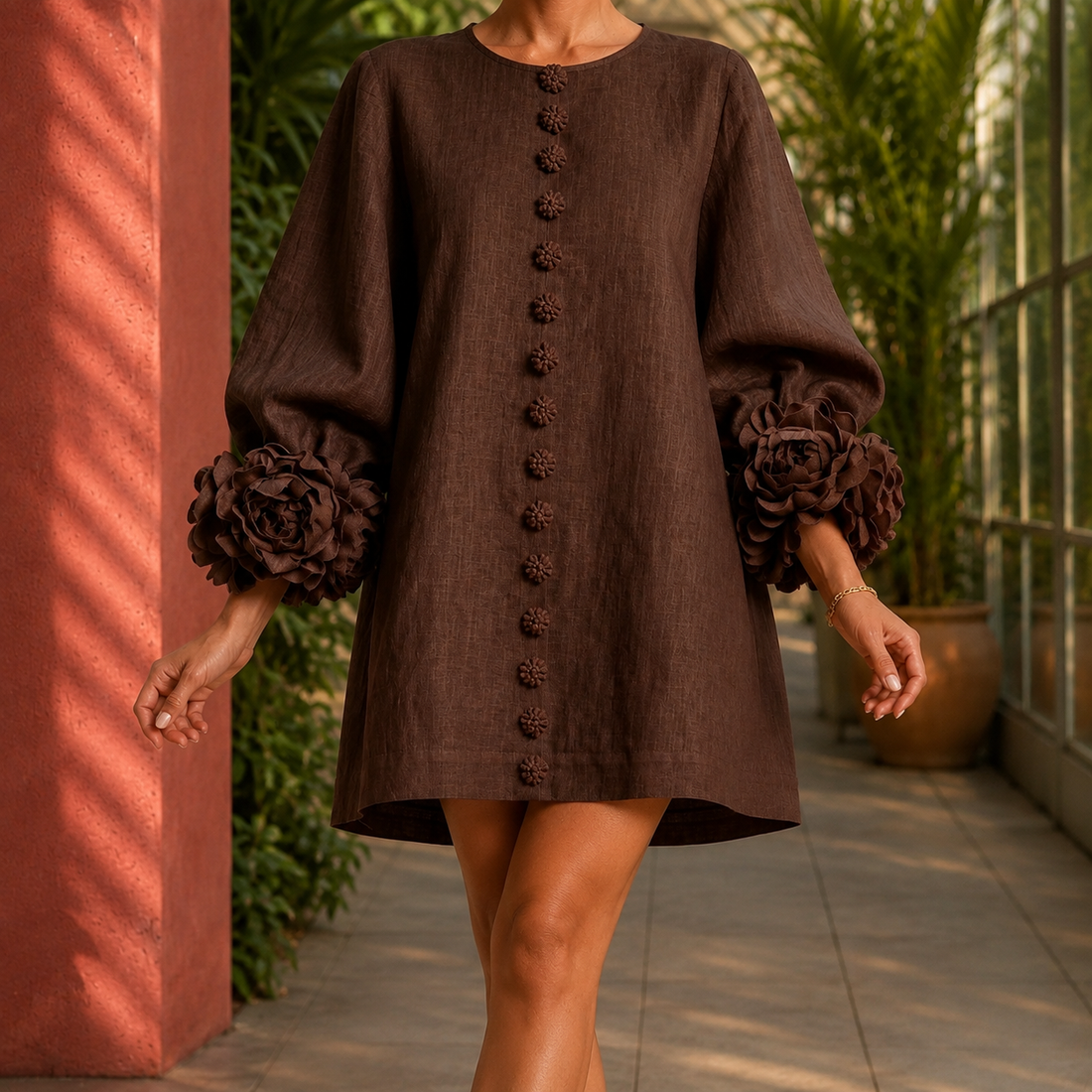 Ariadne Floral Cuff Dress - Chocolate Brown