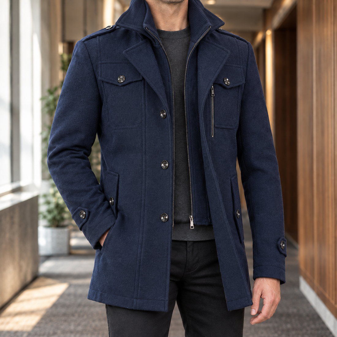 Benjamin Double Collar Coat - Navy Blue