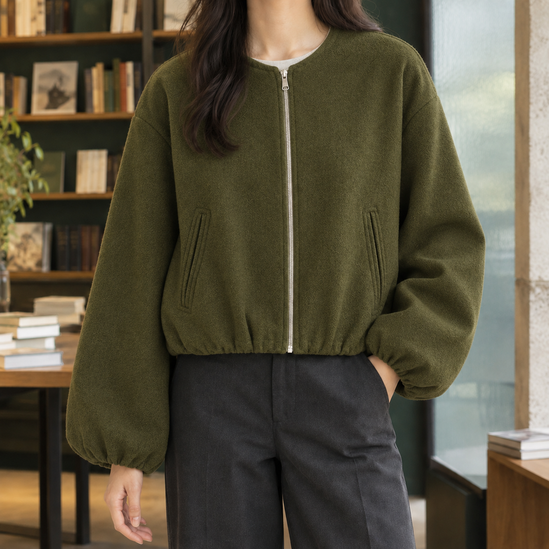 Shannon Balloon Sleeve Jacket - Army Green