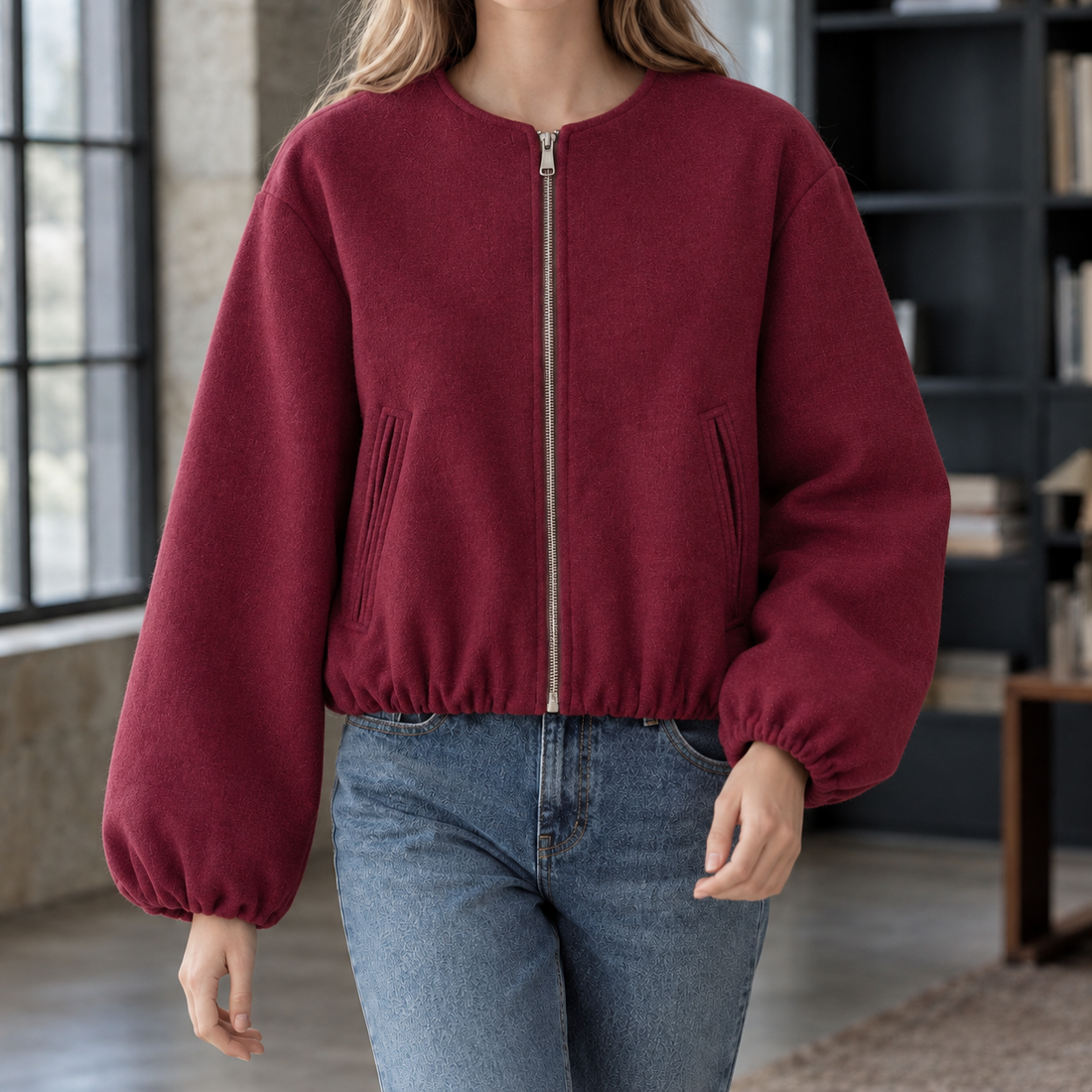 Alma-Elise Balloon Sleeve Jacket - Wine Red