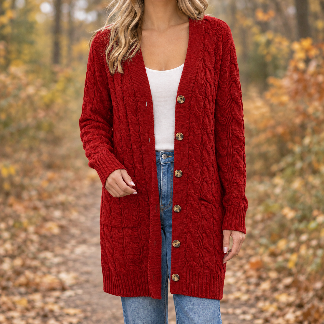 Mina-Marie Cable Knit Cardigan - Rust Red
