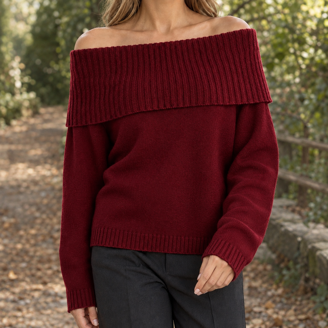 Paloma-Lane Off Shoulder Sweater - Wine Red