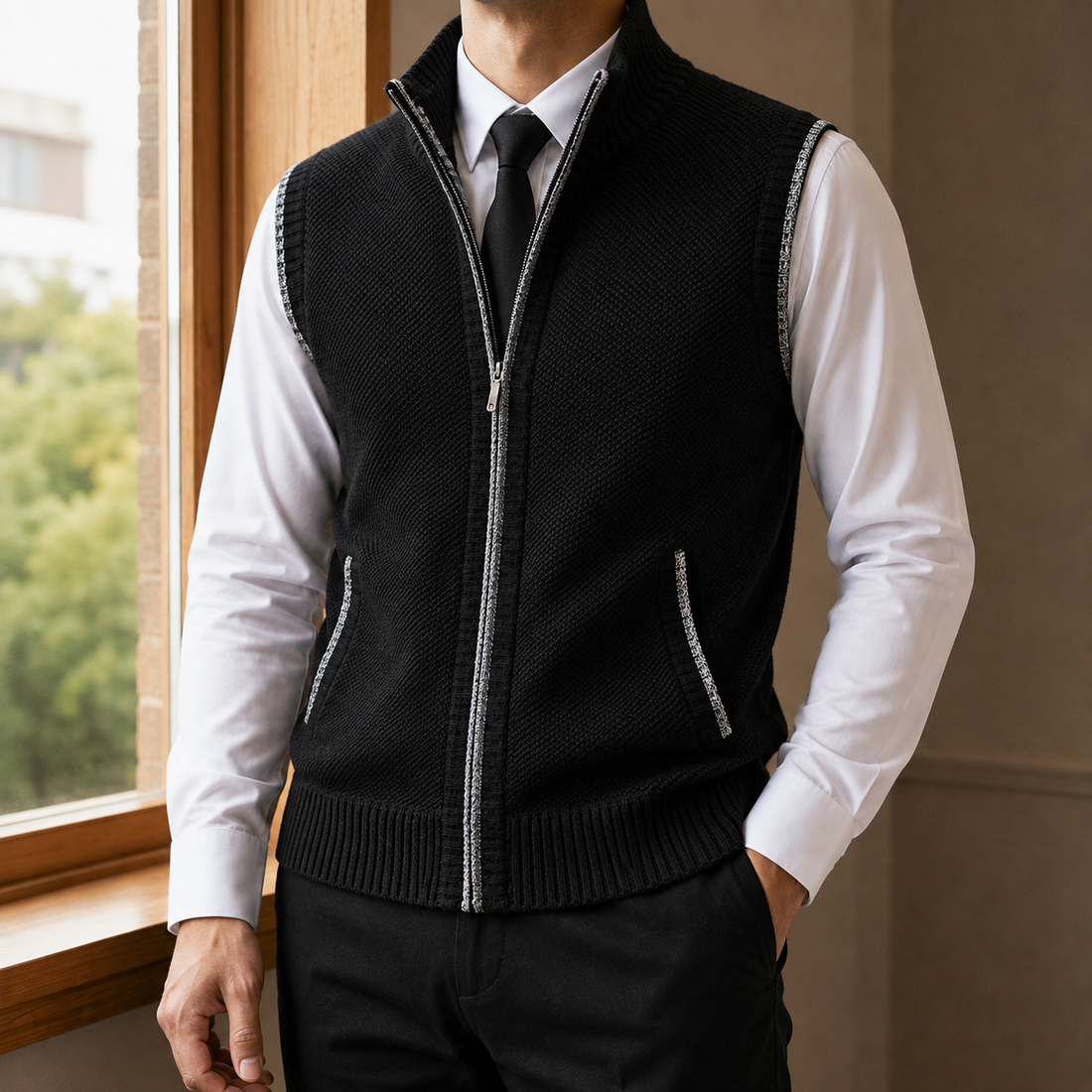 Caius-West Zip Sweater Vest - Black