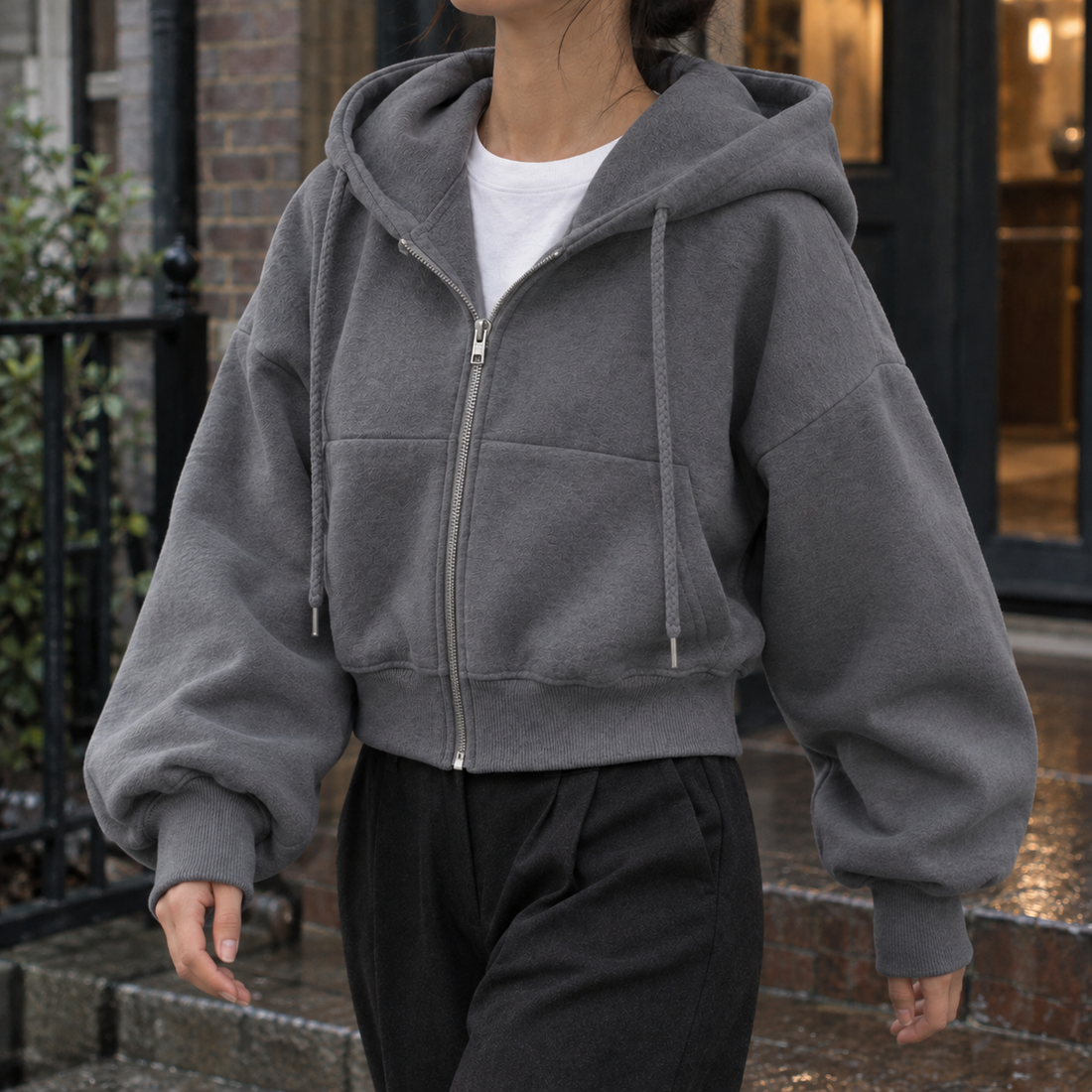 Natalie-Belle Balloon Sleeve Hoodie - Dark Gray