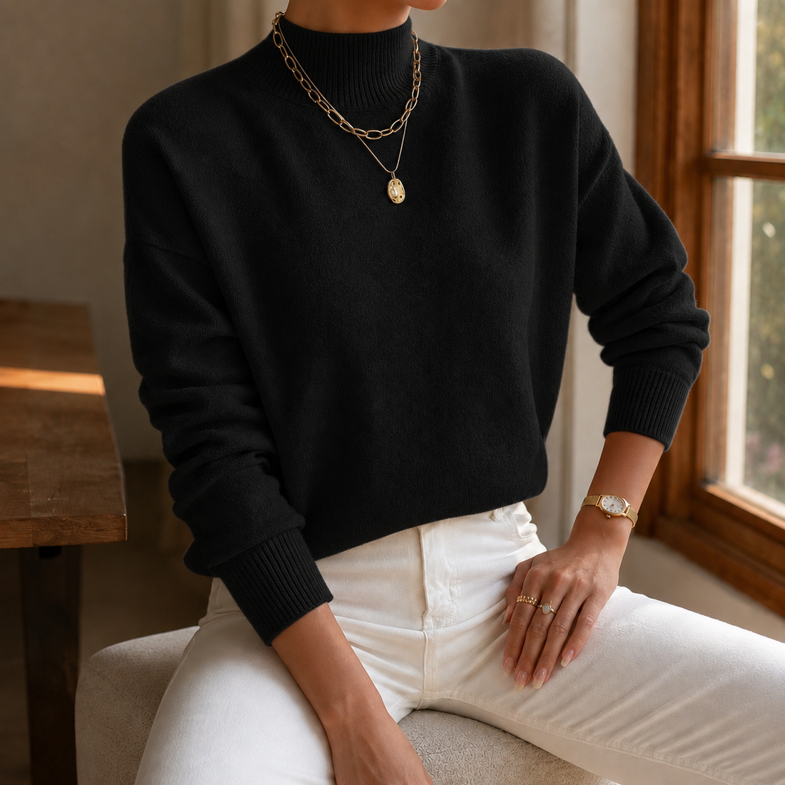 Olympia-Sage Stand Collar Sweater - Black