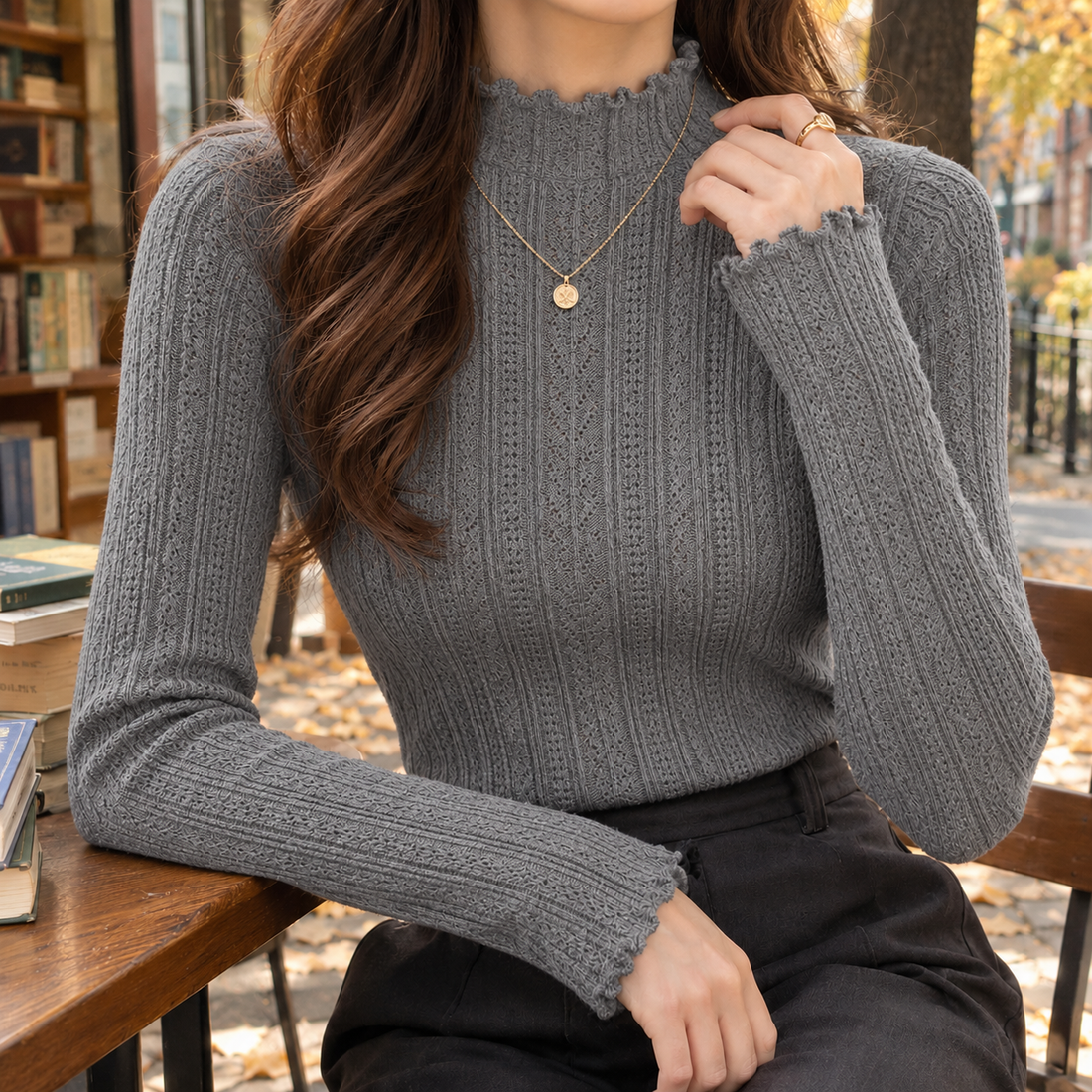 Zelda-Claire Ruffle Neck Sweater - Gray