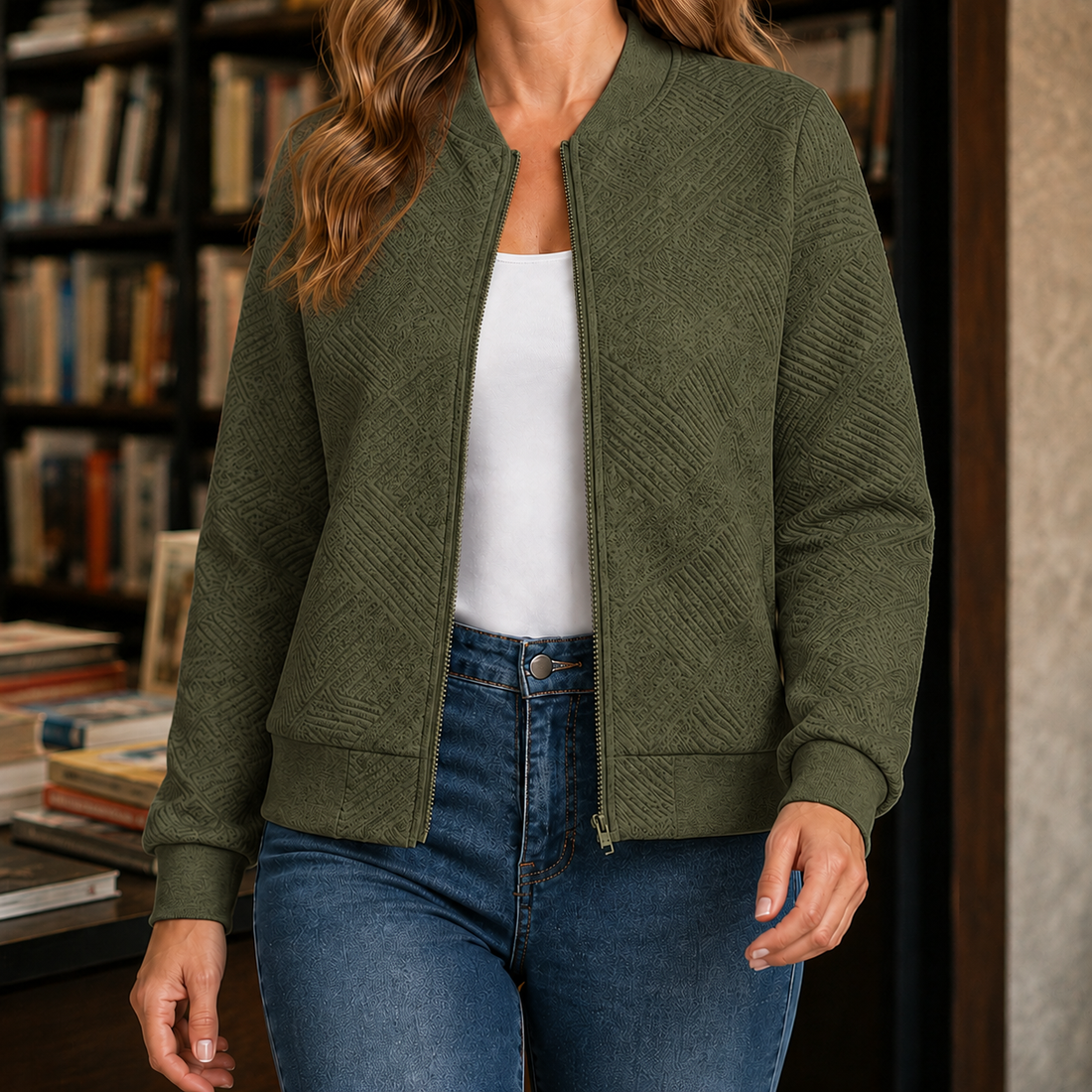 Leonie Geometric Bomber Jacket - Dark Green