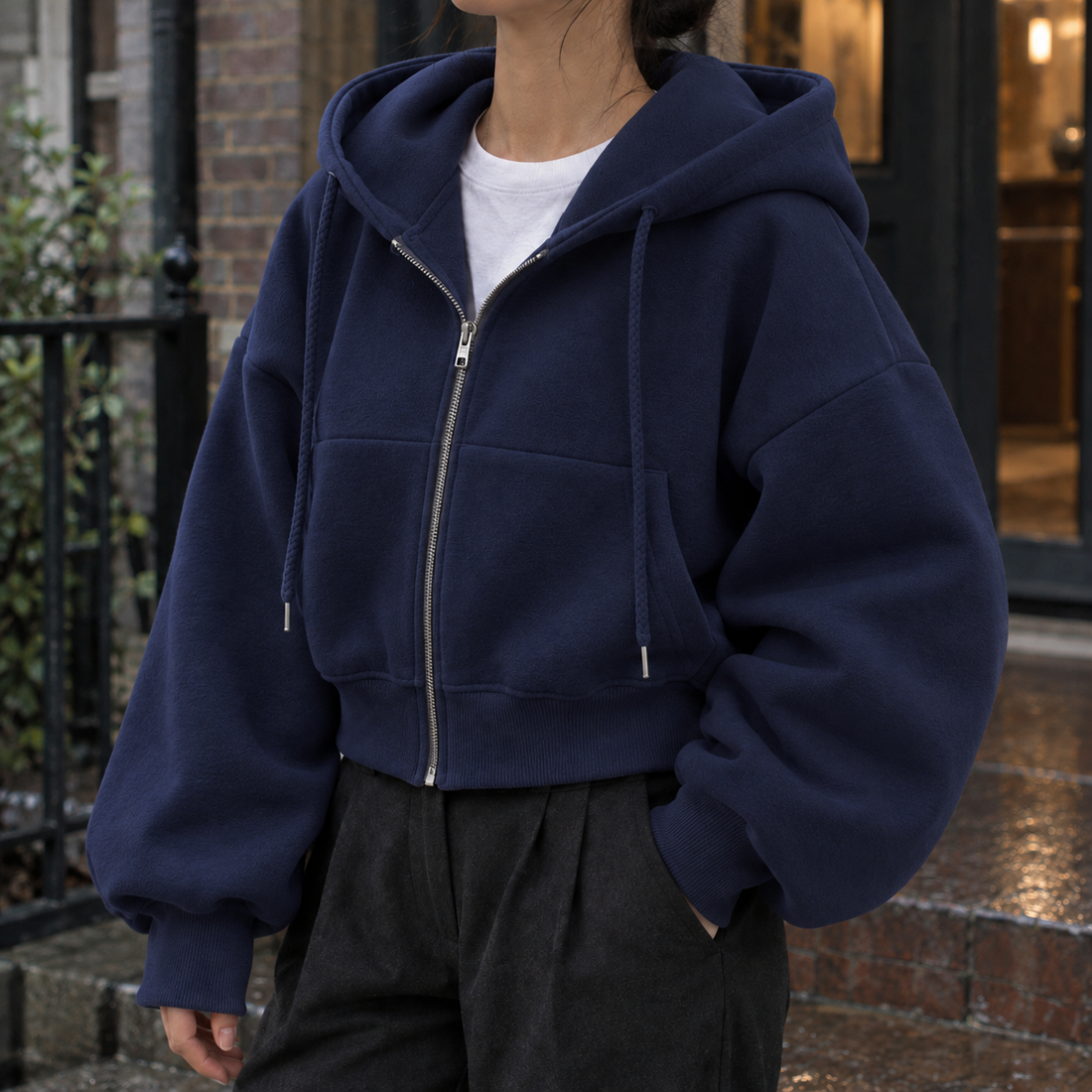 Natalie-Belle Balloon Sleeve Hoodie - Navy Blue